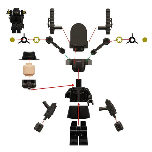 Detailed assembly guide for Mafia Skibidi Toilet minifigure showing MOC brick parts.