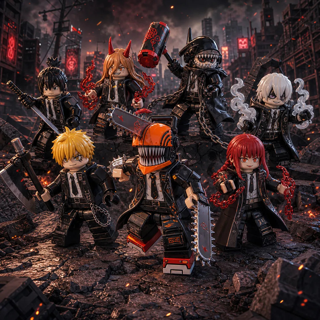 Chainsaw Man anime minifigures collection featuring Denji, Power, Makima and other collectible brick figures