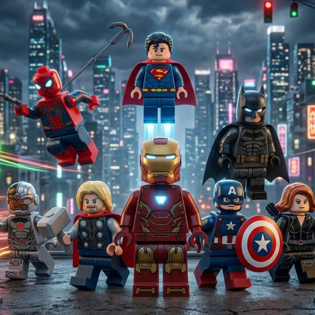 Superhero minifigures collection featuring Marvel, DC, Fantastic Four and comic inspired compatible brick figures