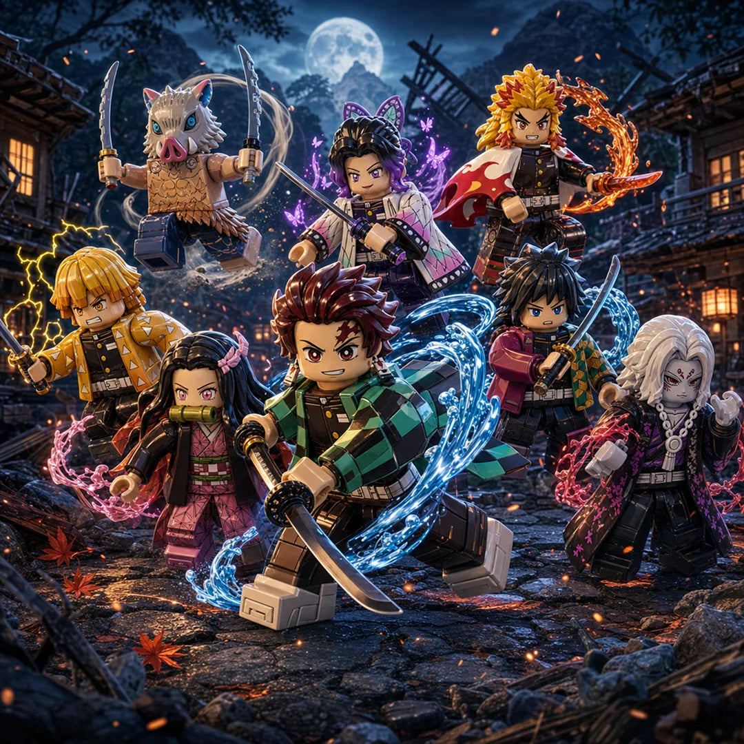 Demon Slayer anime minifigures collection featuring Tanjiro, Nezuko and other Kimetsu no Yaiba inspired brick figures