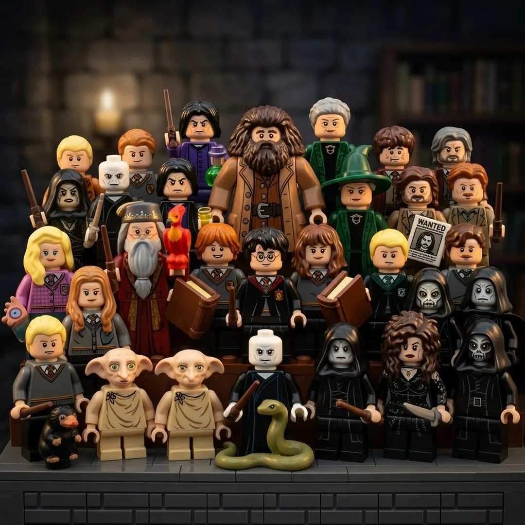 Harry Potter inspired minifigures collection featuring Hogwarts characters, wizards and magical fantasy brick figures