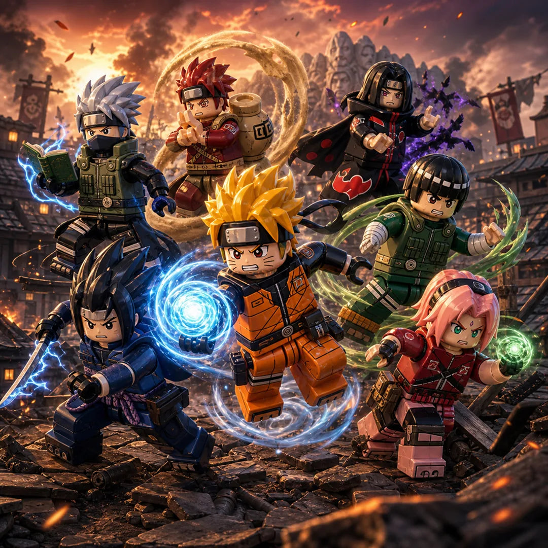 Naruto anime minifigures collection featuring Naruto Uzumaki, Sasuke, Kakashi and Akatsuki characters as compatible brick figures