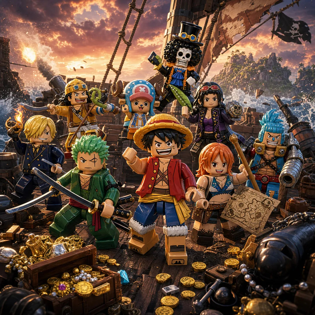 One Piece anime minifigures collection featuring Luffy, Zoro, Nami and Straw Hat Pirates inspired brick figures