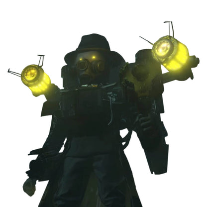 Close-up of Mafia Skibidi Toilet figure with black suit, hat, and gas mask details.