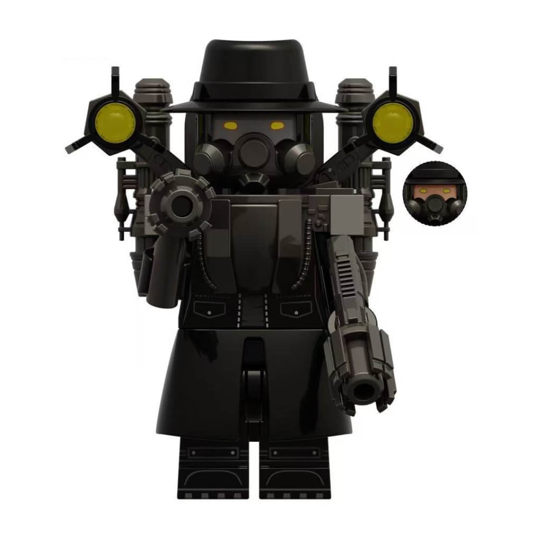 Mafia Skibidi Toilet building block minifigure with dual cannons, Lego compatible.