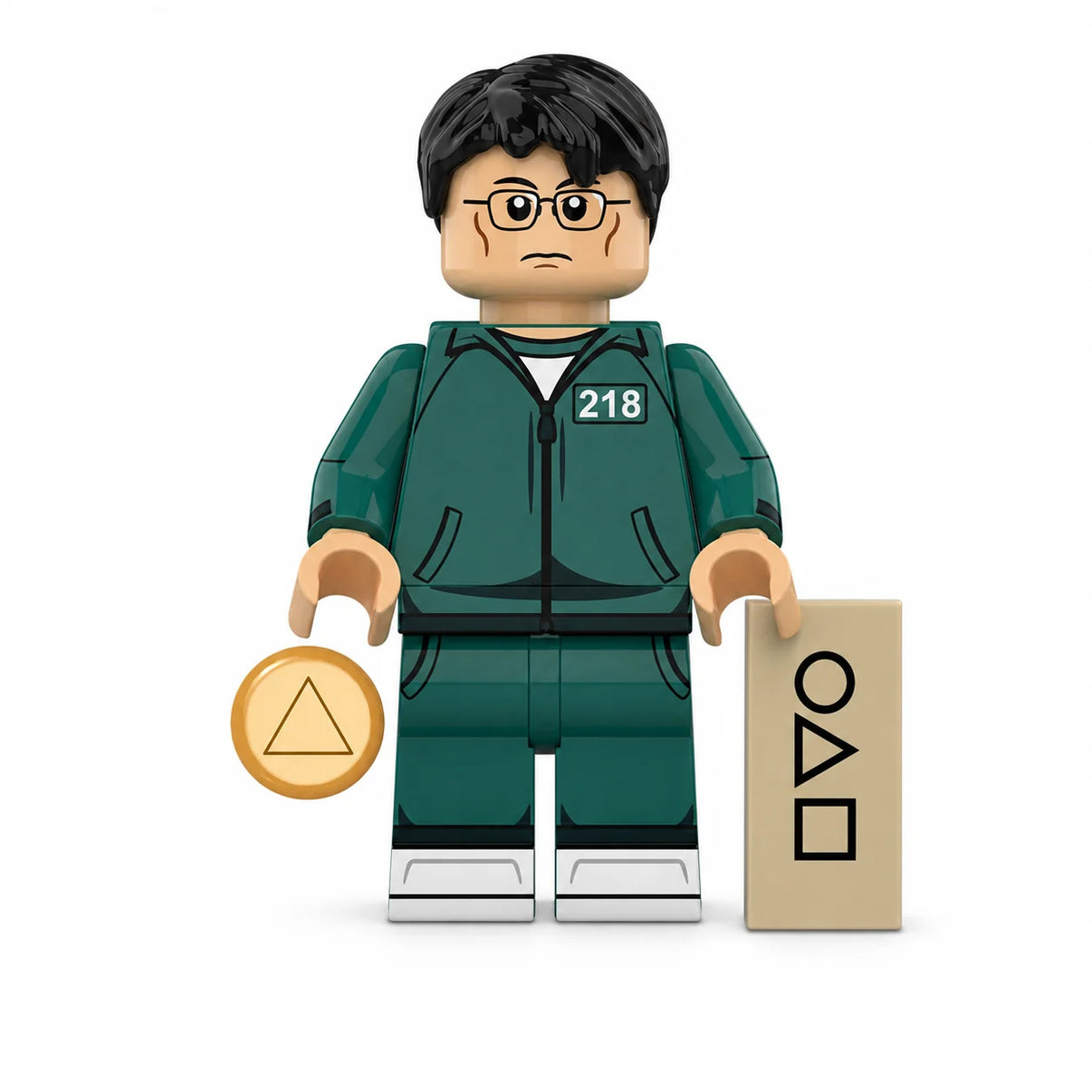 Squid Game Cho Sang-woo brick minifigure on white background