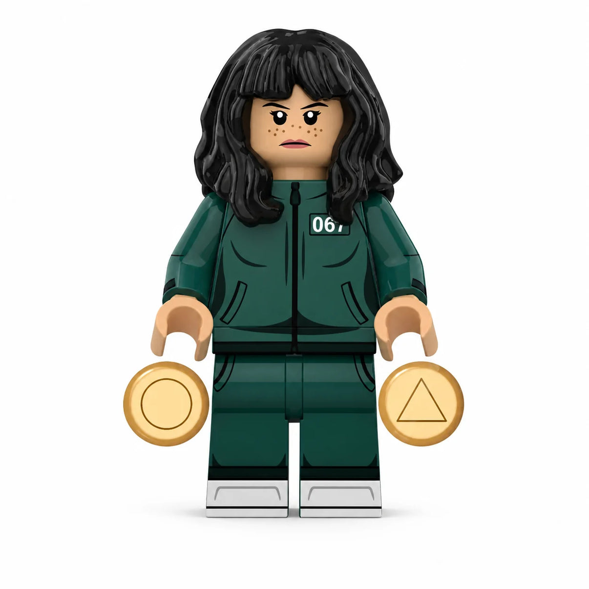 Squid Game Kang Sae-byeok brick minifigure on white background