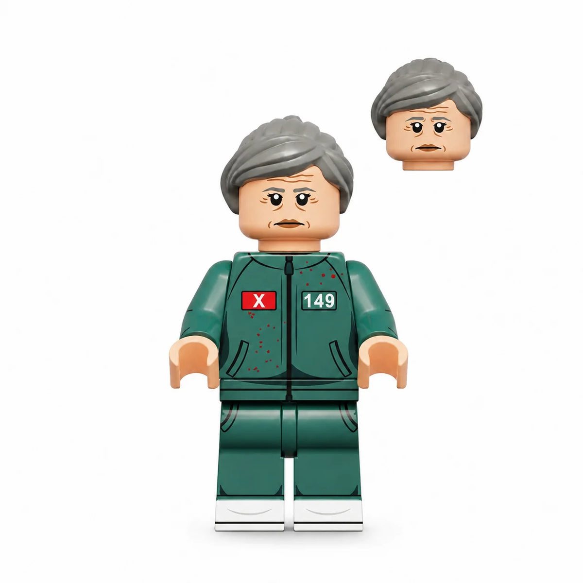 Squid Game Player 149 Jang Geum-ja brick minifigure on white background