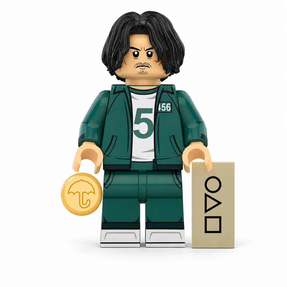 Squid Game Seong Gi-hun brick minifigure on white background