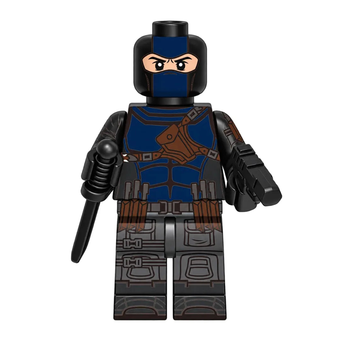 Superhero Bullseye brick minifigure on white background