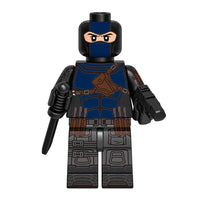 Superhero Bullseye brick minifigure on white background