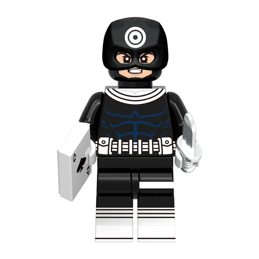 Superhero Bullseye brick minifigure on white background