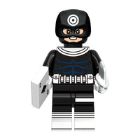 Superhero Bullseye brick minifigure on white background