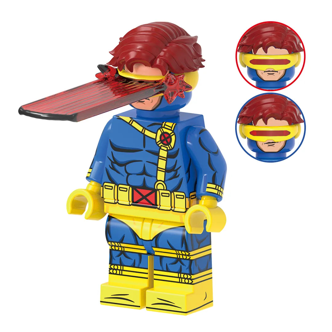 Superhero Cyclops brick minifigure on white background