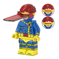 Superhero Cyclops brick minifigure on white background