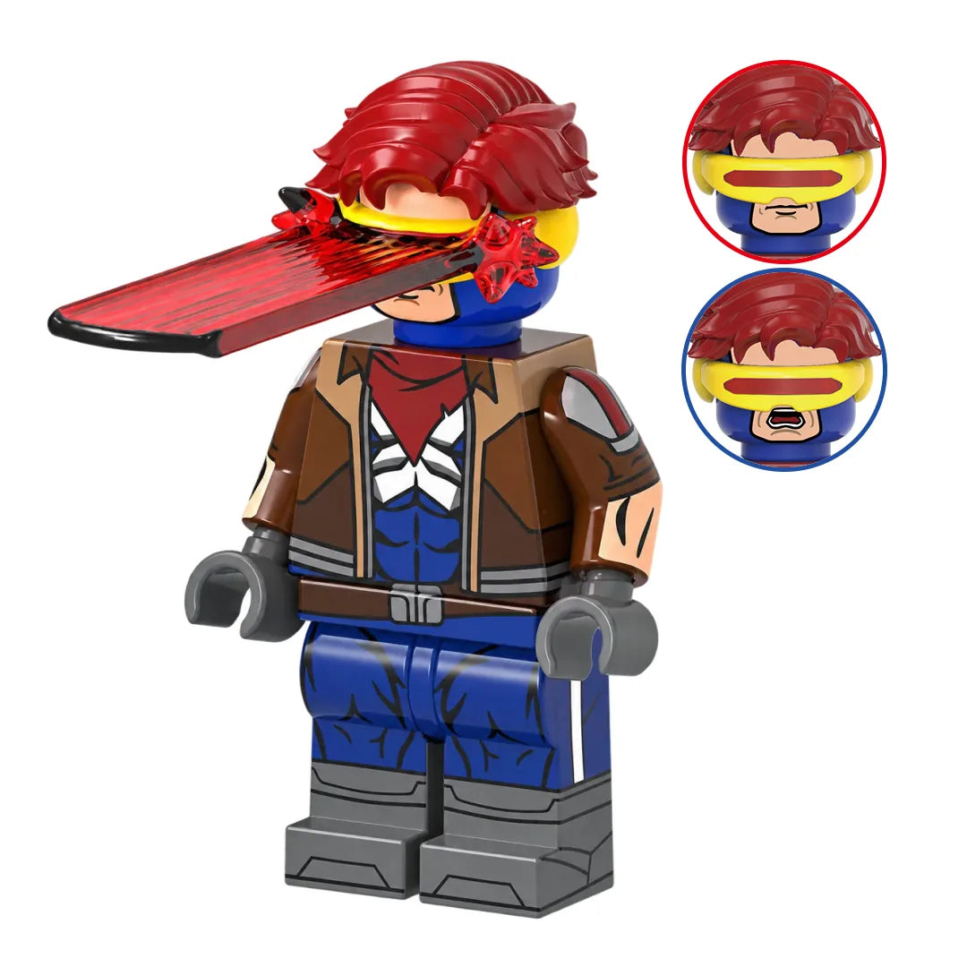Superhero Cyclops brick minifigure on white background