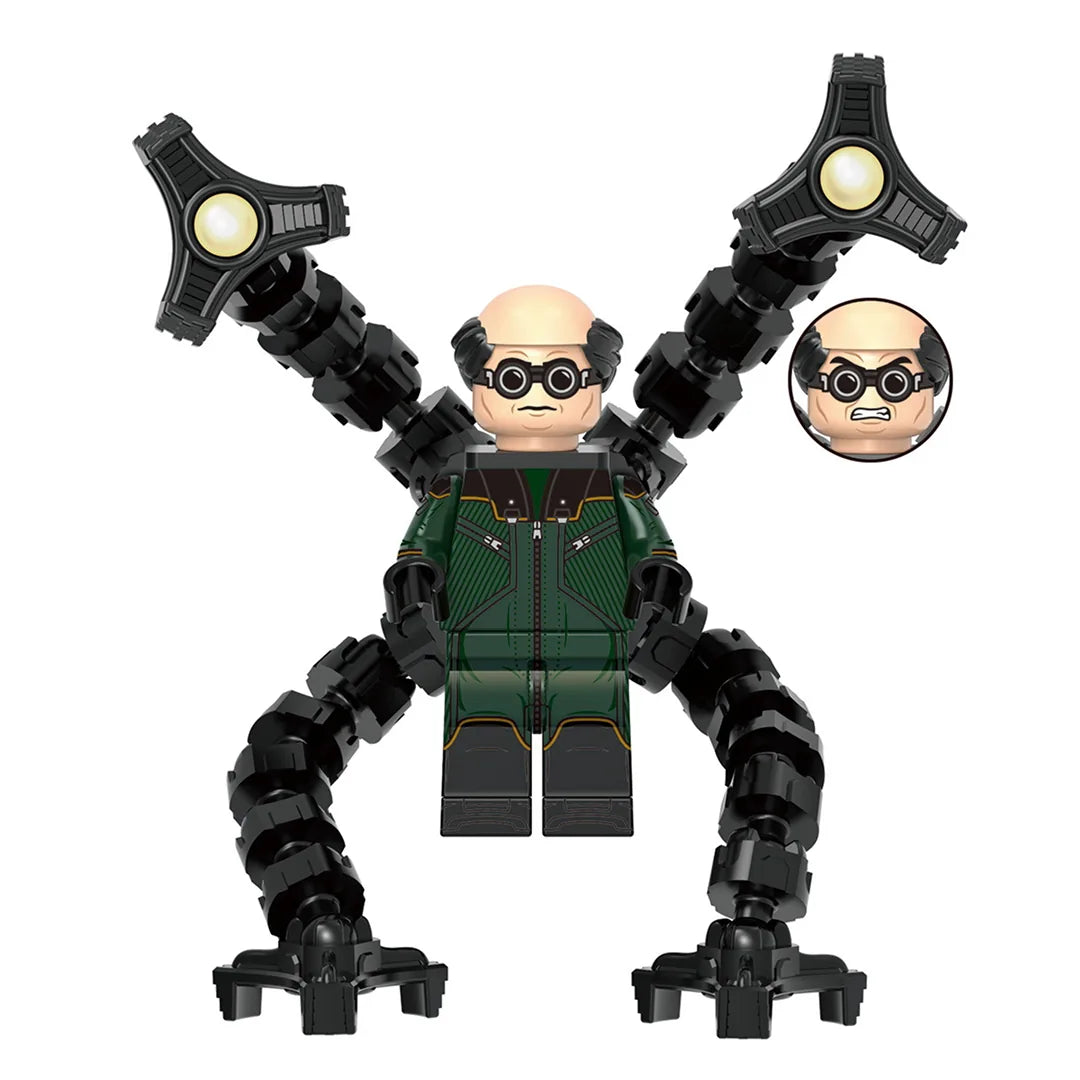 Superhero Doctor Octopus brick minifigure on white background