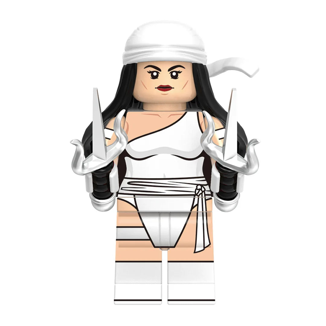 Superhero Elektra brick minifigure on white background