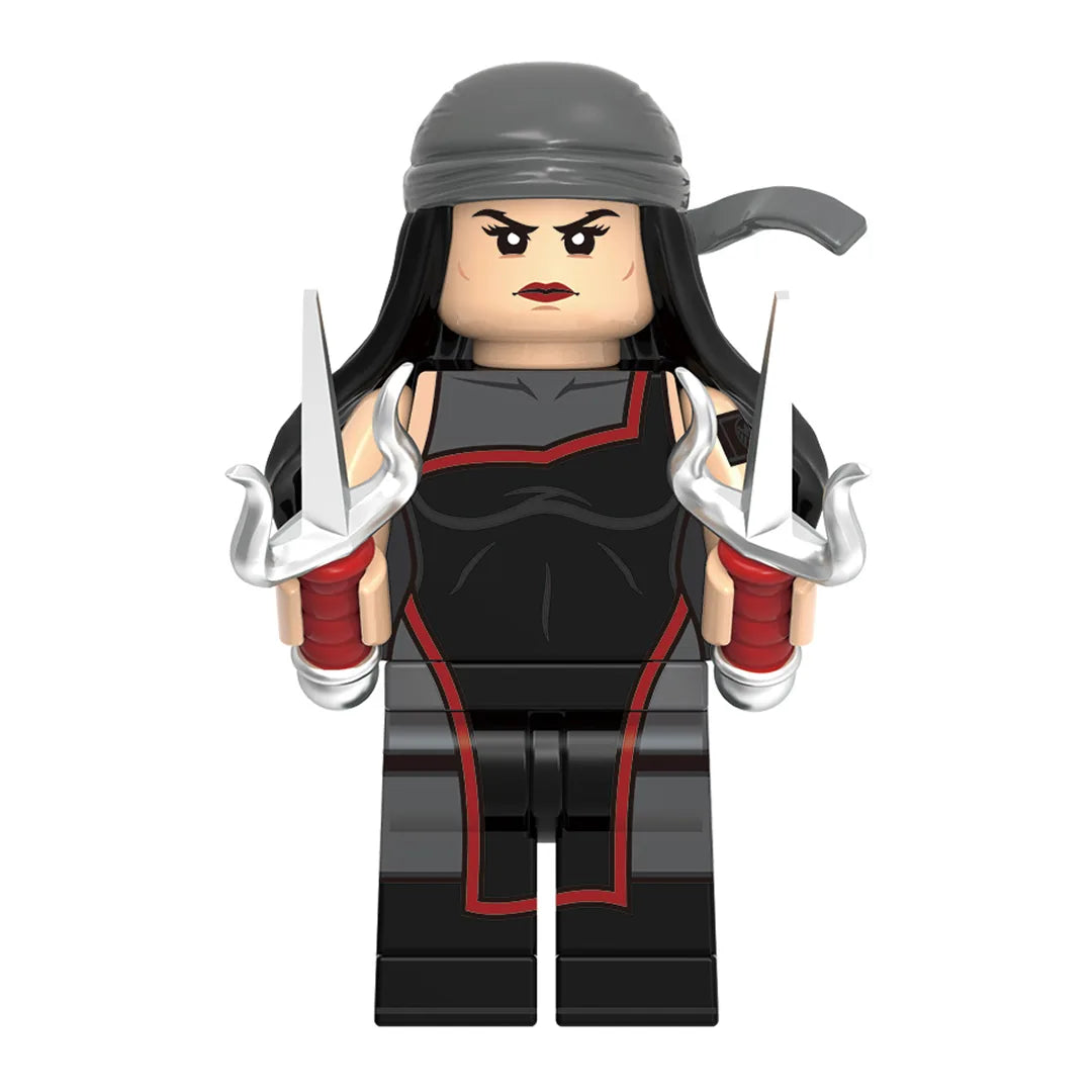 Superhero Elektra brick minifigure on white background