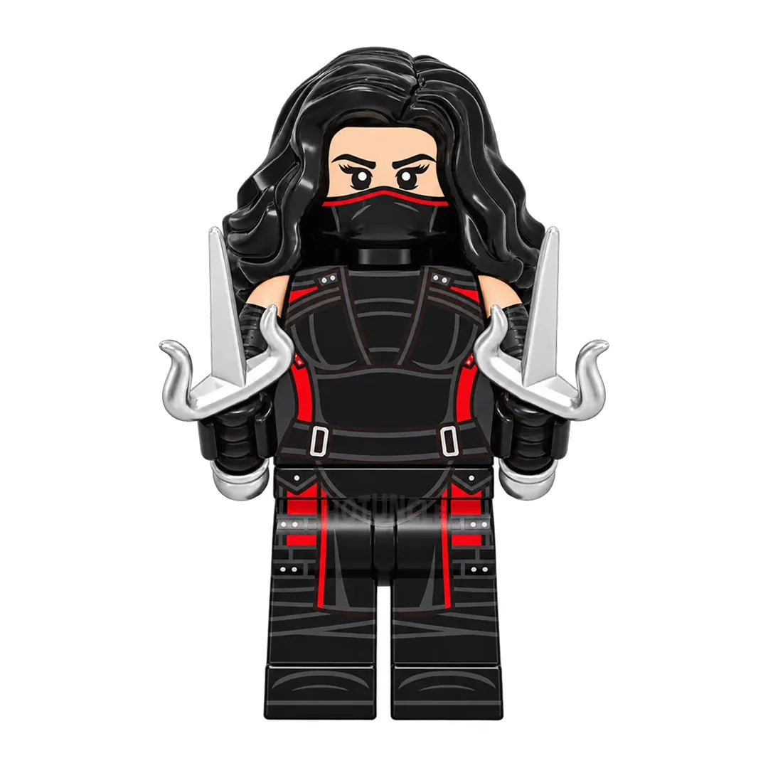 Superhero Elektra brick minifigure on white background