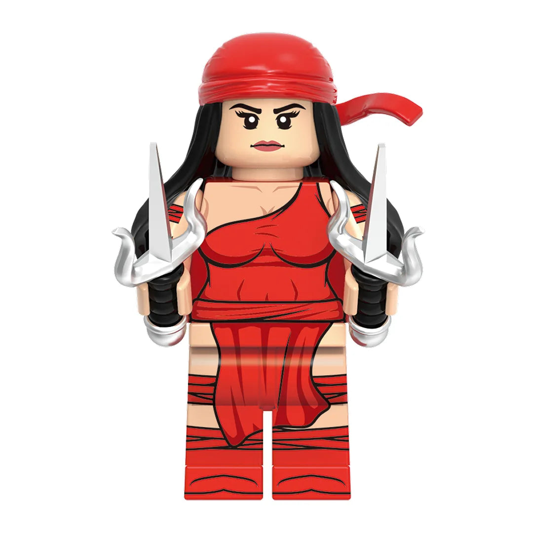 Superhero Elektra brick minifigure on white background