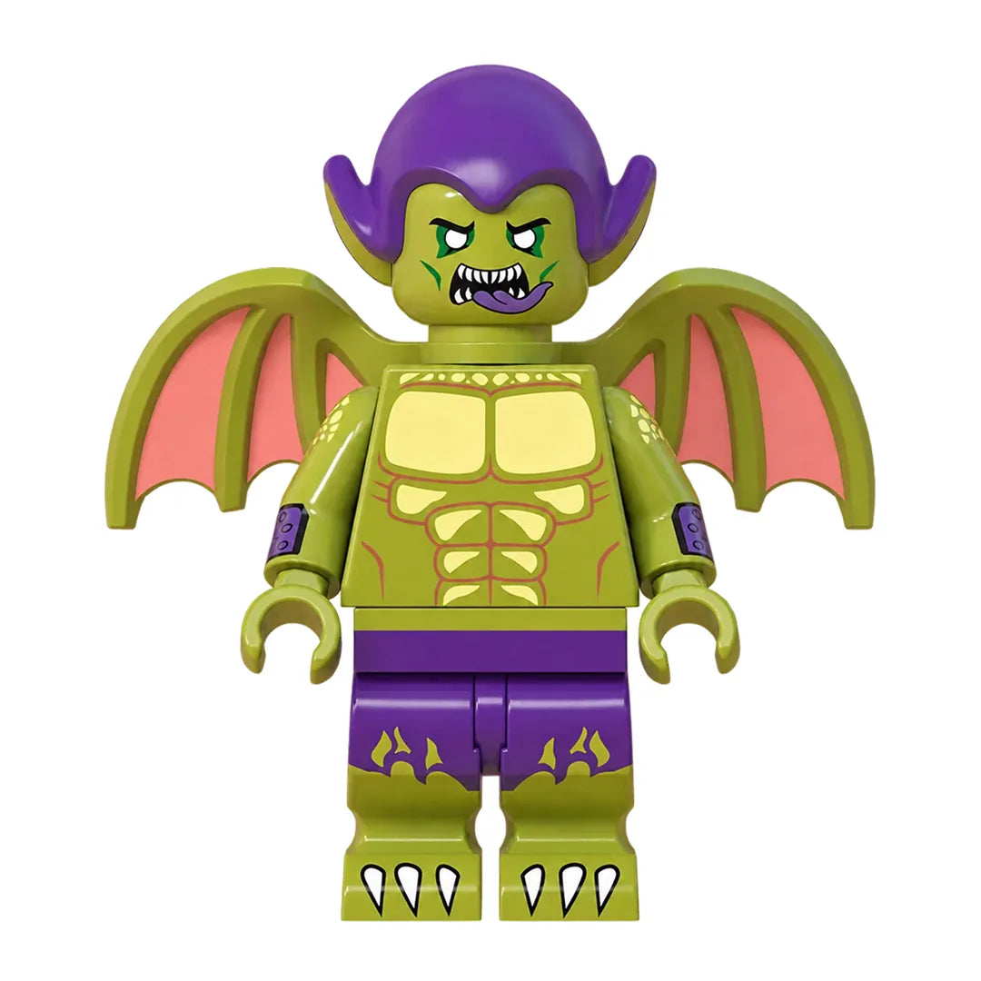 Superhero Green Goblin brick minifigure on white background