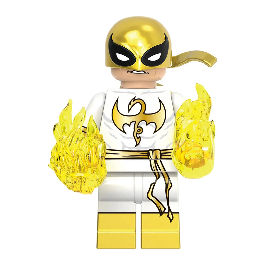 Superhero Iron Fist brick minifigure on white background