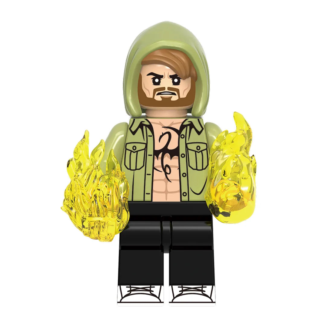 Superhero Iron Fist brick minifigure on white background