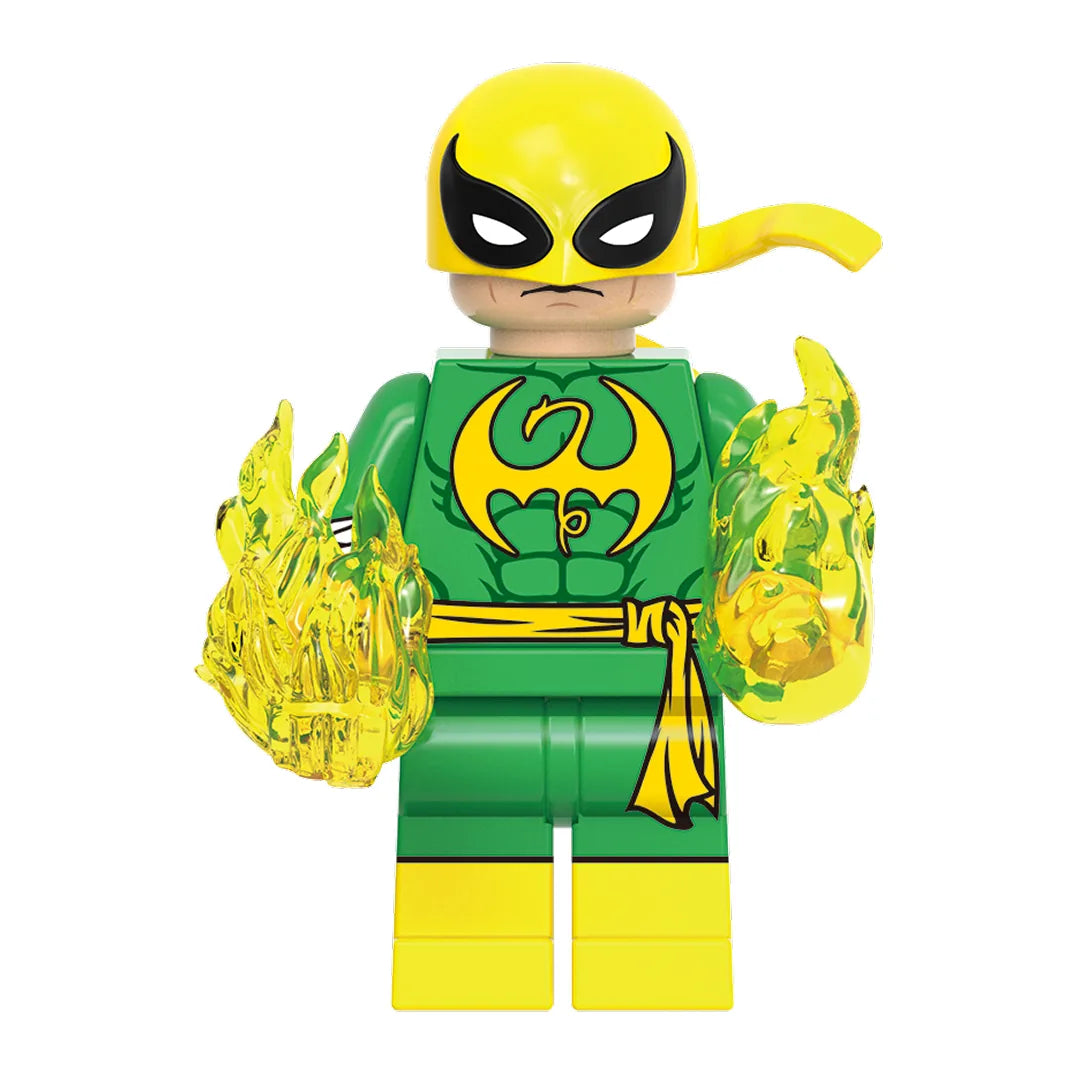 Superhero Iron Fist brick minifigure on white background