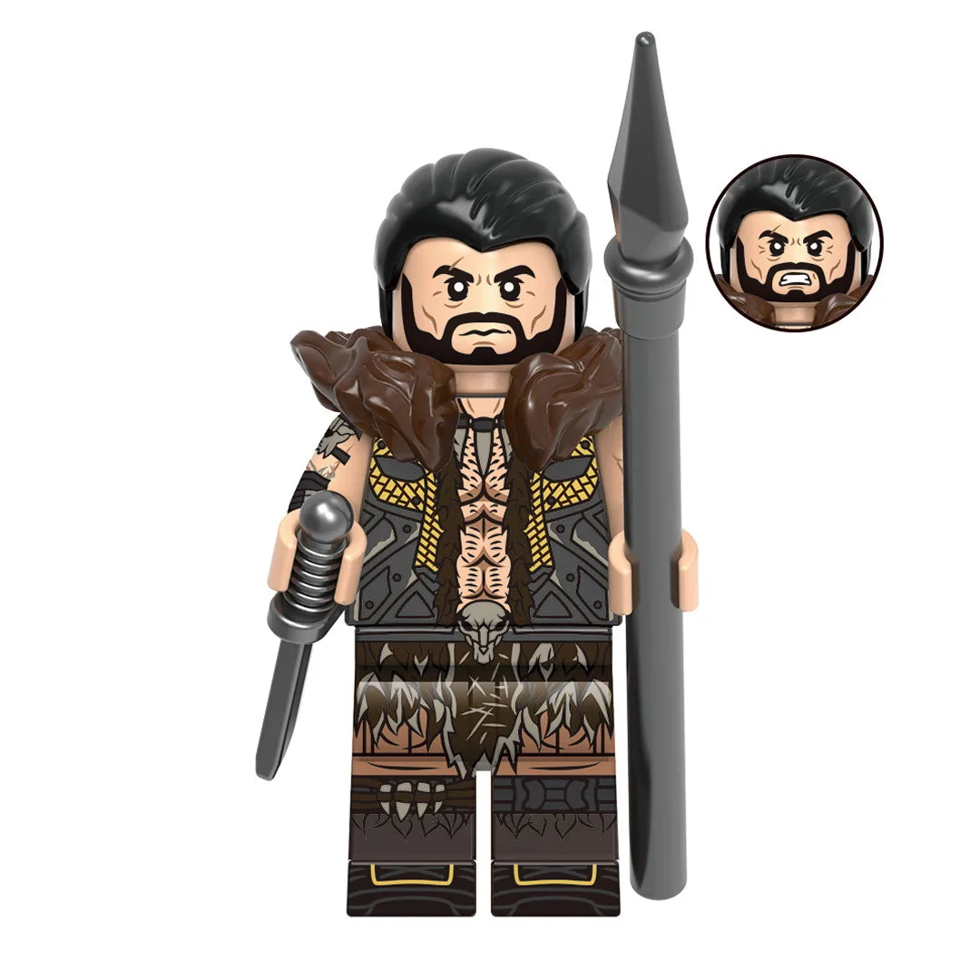 Superhero Kraven the Hunter brick minifigure on white background