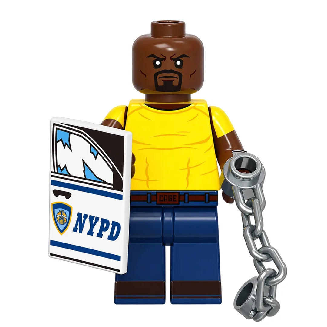 Superhero Luke Cage brick minifigure on white background