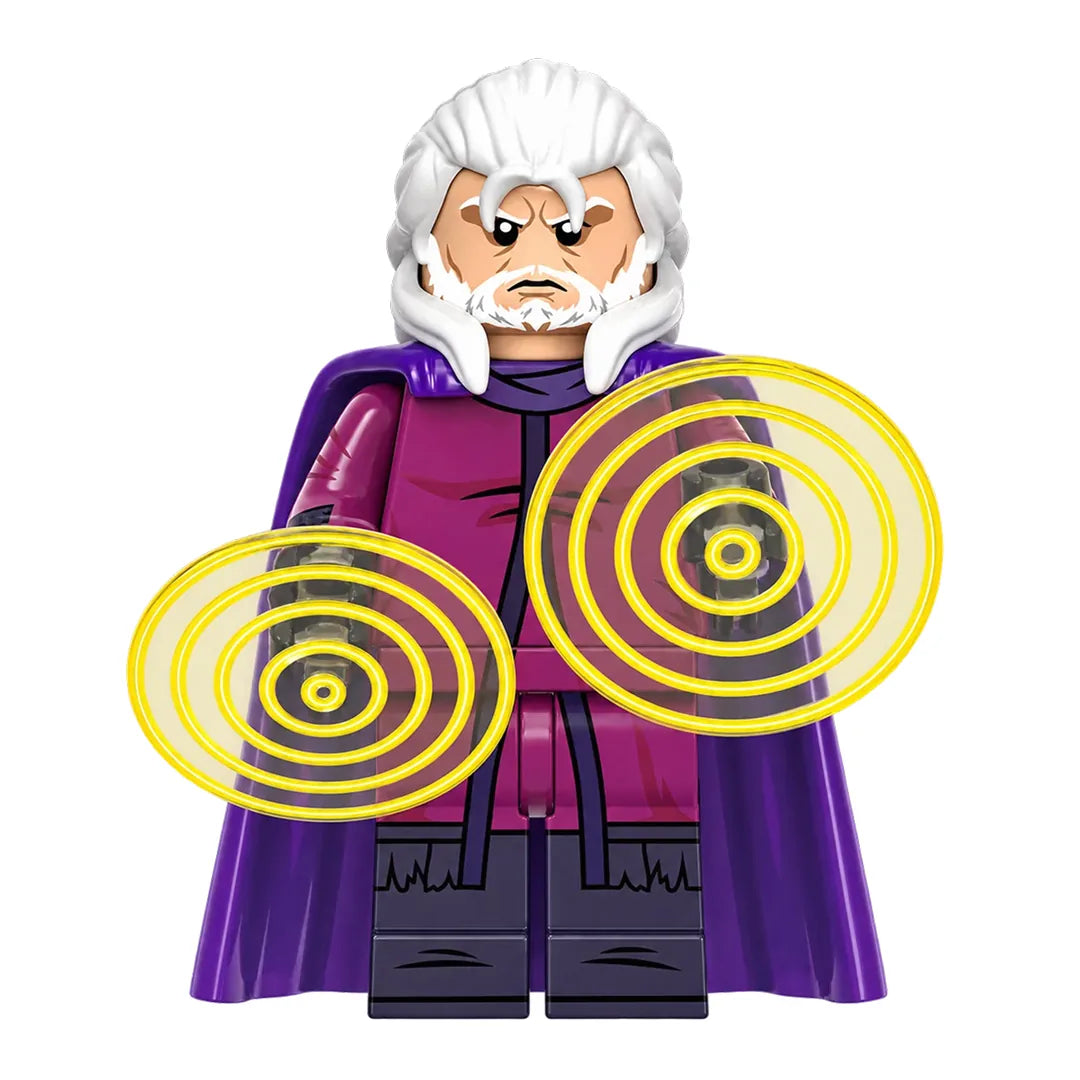 Superhero Magneto brick minifigure on white background
