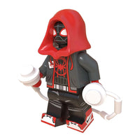 Superhero Miles Morales brick minifigure on white background