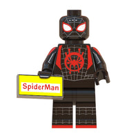 Superhero Miles Morales brick minifigure on white background