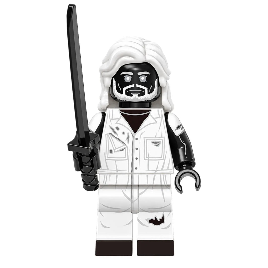 Superhero Mister Negative brick minifigure on white background