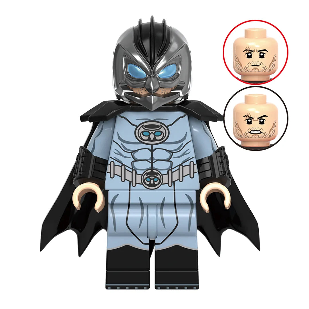 Superhero Owlman brick minifigure on white background