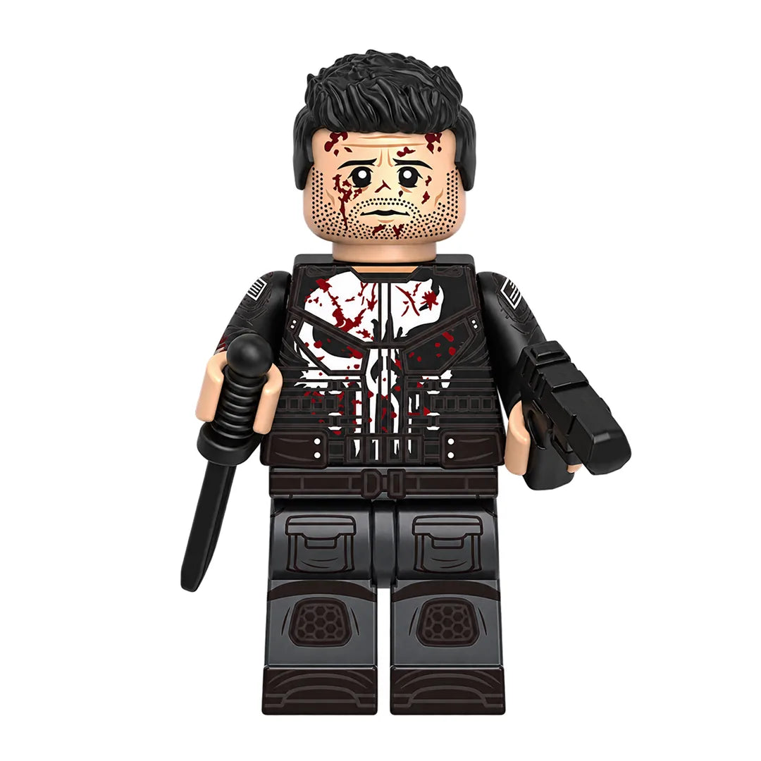 Superhero Punisher brick minifigure on white background