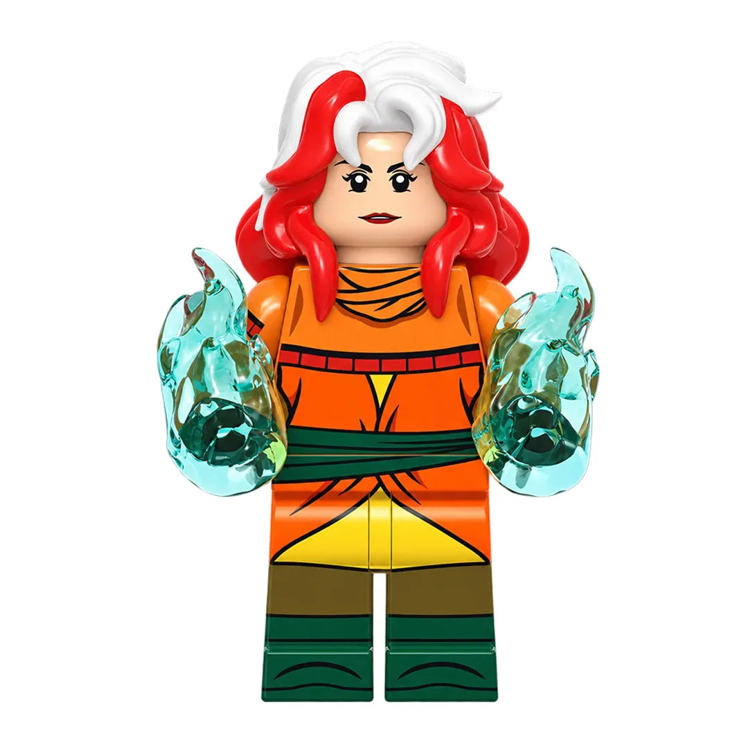 Superhero Rogue brick minifigure on white background