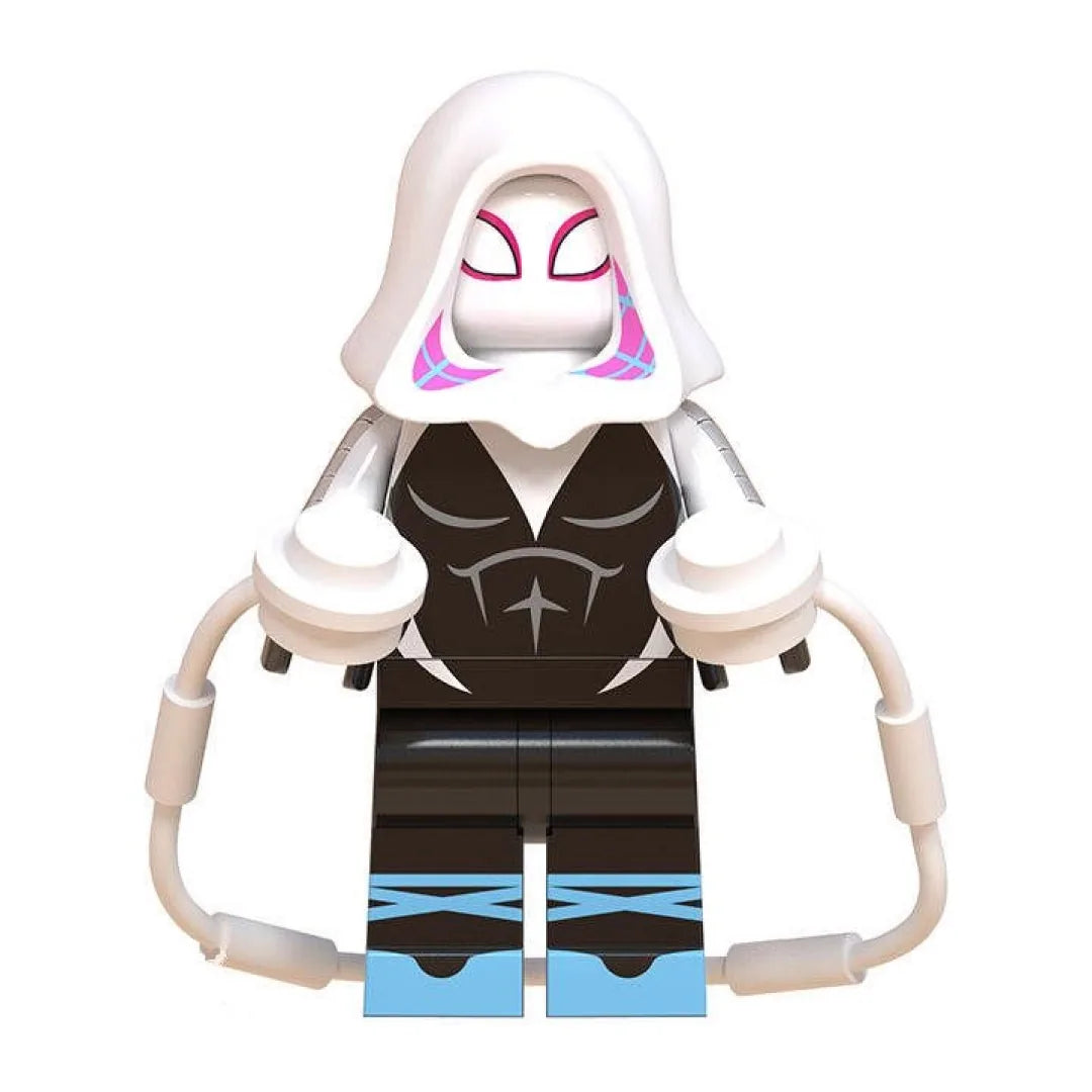 Superhero Spider-Gwen brick minifigure on white background
