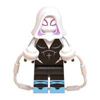 Superhero Spider-Gwen brick minifigure on white background
