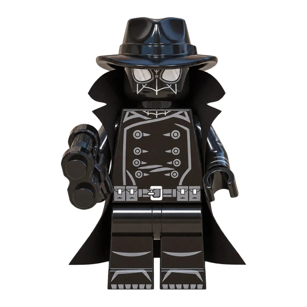 Superhero Spider-Man Noir brick minifigure on white background