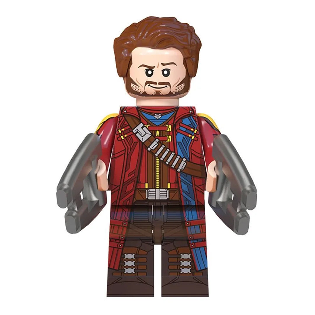 Superhero Star-Lord brick minifigure on white background