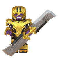 Superhero Thanos brick minifigure on white background