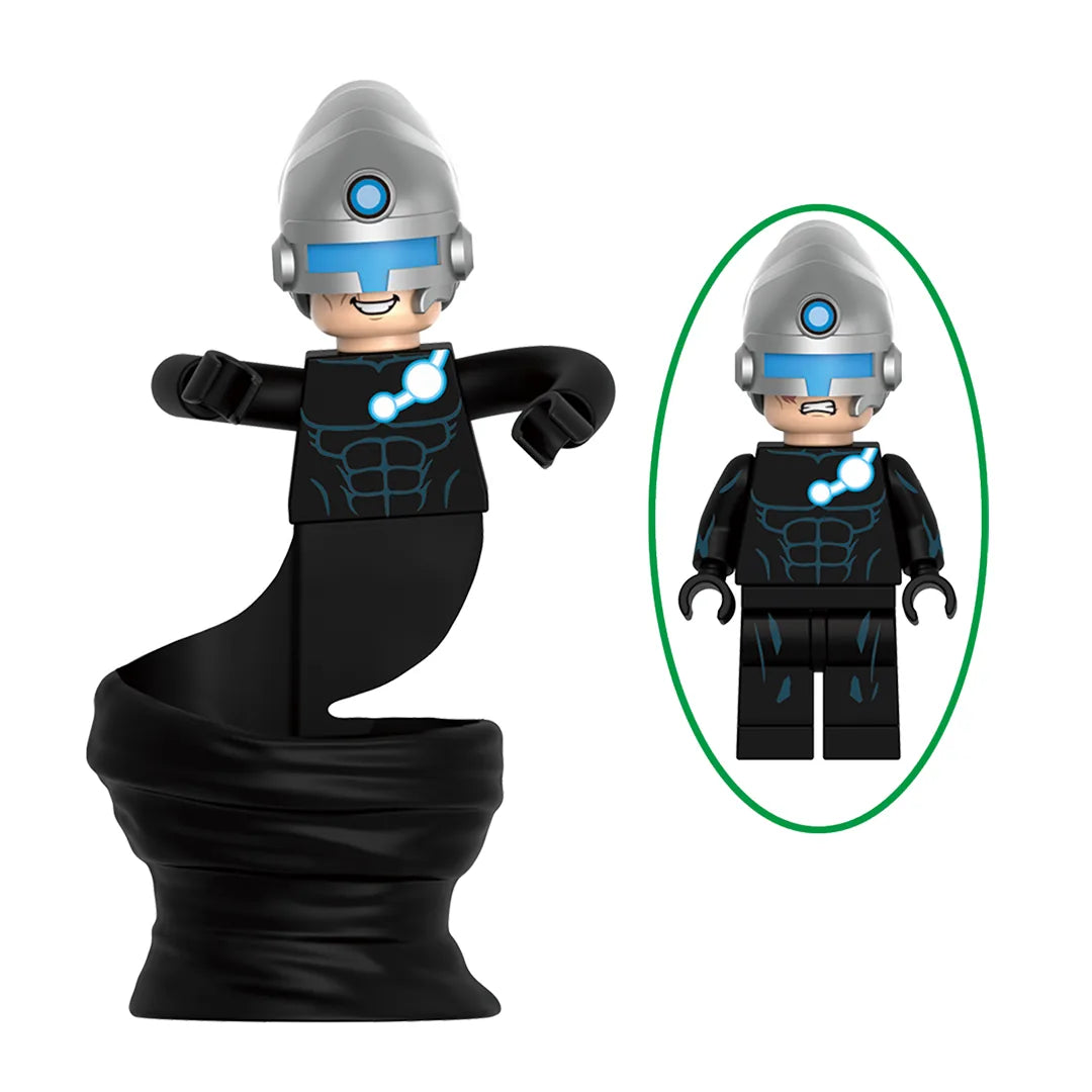 Superhero The Maker brick minifigure on white background